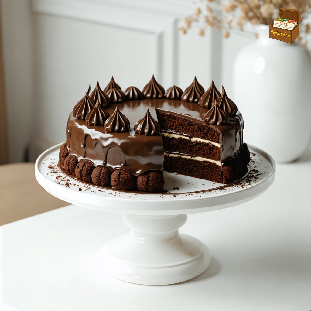 "An image of Chocolate Cake, captured from a three-quarter angle 10 feet away, including the dish and environmental elements, nicely arranged for a family setting on a white pillar in a studio with white walls and floors. The whole cake is displayed on a platter, with a large slice neatly removed and placed beside it, showcasing the moist texture and rich color of the cake."