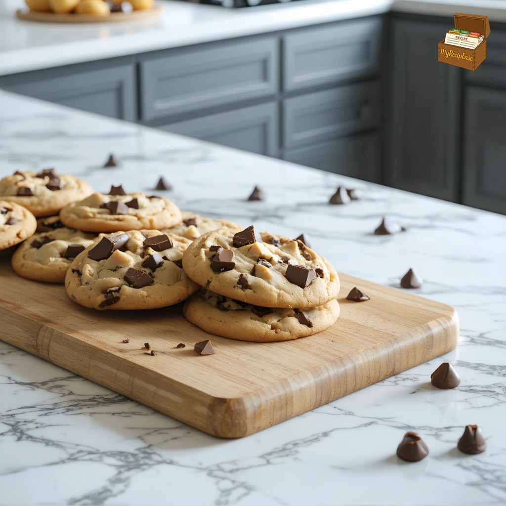 An image of Chocolate Chunk Cookies, captured from the side 10 feet away with a wide-angle lens, including background elements, nicely arranged for a family setting on a wooden cutting board. The cookies are displayed on a sleek marble counter in a modern kitchen, showcasing a single portion of the chunk-filled cookies, with the sophisticated kitchen backdrop subtly enhancing the homely and inviting feel of the freshly baked cookies.