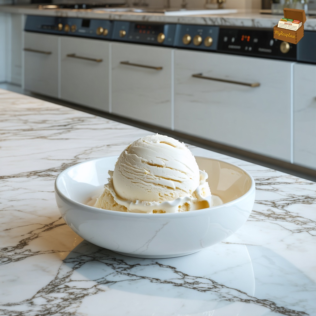 An image of a scoop of Vanilla Ice Cream, captured from a three-quarter angle several feet back, showing the full plate and table, for a casual meal setting on a marble counter in a sleek modern kitchen. The dish features a single portion of creamy vanilla ice cream served in a simple white porcelain bowl. The scene emphasizes the clean, contemporary design of the kitchen, highlighting the smooth, reflective surface of the marble counter.