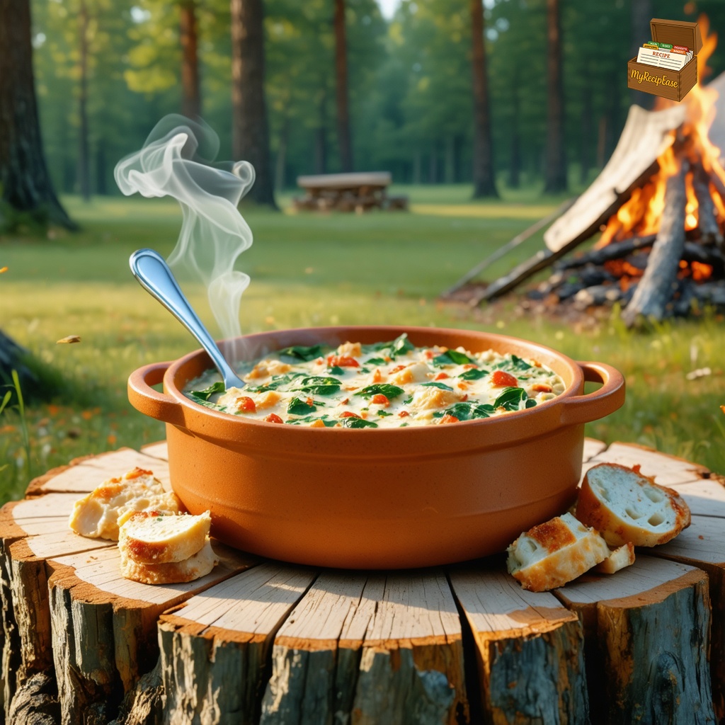 An image of Spinach Artichoke Dip, captured from the side 10 feet away with a wide-angle lens, including background elements, for a casual meal setting on a wooden stump at a campground. The dip is served in a rustic clay crock, showing the whole product with a spoonful removed and another spoonful displayed beside the crock. The setting features a nearby campfire with gentle wisps of smoke drifting through the scene, enhancing the outdoor, rustic ambiance.