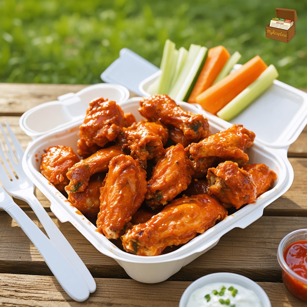 "An image of Buffalo Chicken Wings, captured from a distance of at least 10 feet, showing the scene with the dish as focal point. A heaping portion served with plastic silverware on a styrofoam carry-out container, placed centrally on a wooden picnic table. The setting includes green grass and a clear blue sky in the background, emphasizing an outdoor, casual dining experience. The wings are coated in a vivid, red buffalo sauce, accompanied by celery and carrot sticks."