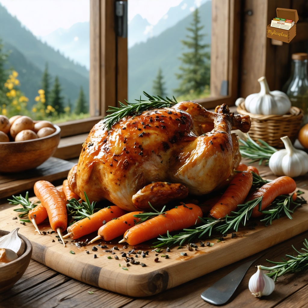 An image of Garlic Butter Roasted Chicken, captured from a distance of at least 10 feet, showing the scene with the dish as focal point, served in a rustic setting on a wooden cutting board. The whole roasted chicken, garnished with sprigs of rosemary and thyme, sits centrally on the table. Surrounding the chicken are roasted carrots and potatoes. The background features a large window revealing a breathtaking mountain view, enhancing the rustic charm of the setting.