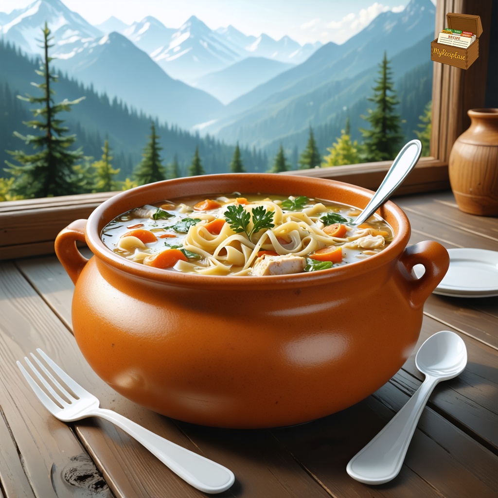 An image of Classic Chicken Noodle Soup, captured from a three-quarter angle 10 feet away, including the dish and environmental elements. A heaping portion is served in a rustic clay crock with plastic silverware on the side, placed on a wooden table. Visible through a nearby window is a breathtaking mountain view, enhancing the cozy, rustic feel of the meal. The soup is garnished with parsley, adding a touch of green against the golden broth filled with chunks of chicken, carrots, and egg noodles.