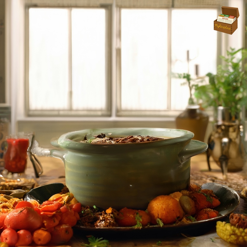 An image of Beef Stew, captured from the side about 6 feet away, showing the full plate and table, served in a rustic setting on a kitchen counter. The entire contents of the dish are visible in a clay crock, brimming with tender chunks of beef, carrots, and red potatoes. Surrounding the crock are scattered fresh ingredients like onions, garlic, and sprigs of thyme, enhancing the wholesome, hearty appeal of the setting.