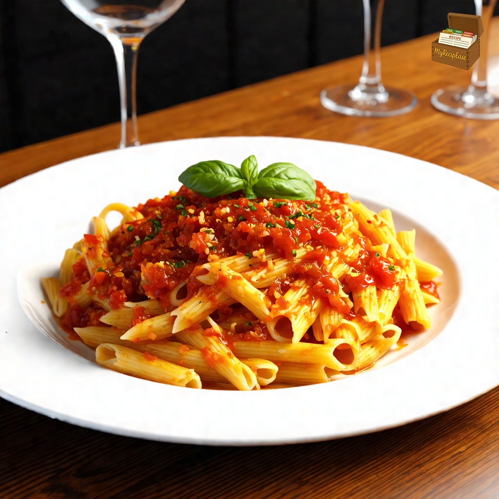 An image of Arrabiata Sauce over penne pasta, captured from a three-quarter angle 10 feet away, including the dish and environmental elements, elegantly plated for fine dining on a porcelain plate. The sauce is richly garnished with fresh basil, red pepper flakes, and a drizzle of olive oil. It's presented on a polished wooden bar, under ambient lighting with hanging wine glasses subtly visible in the background, emphasizing the sophisticated dining environment.