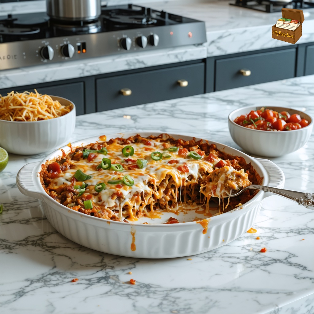An image of Enchilada Casserole, captured from a three-quarter angle several feet back, showing the full plate and table, for a casual meal setting on a marble counter in a sleek modern kitchen. The casserole dish displays the whole enchilada casserole with a spoonful removed and placed beside it, revealing layers of tortilla chips, salsa, and melted cheddar cheese. The background subtly features the clean lines and minimalist decor of the modern kitchen.