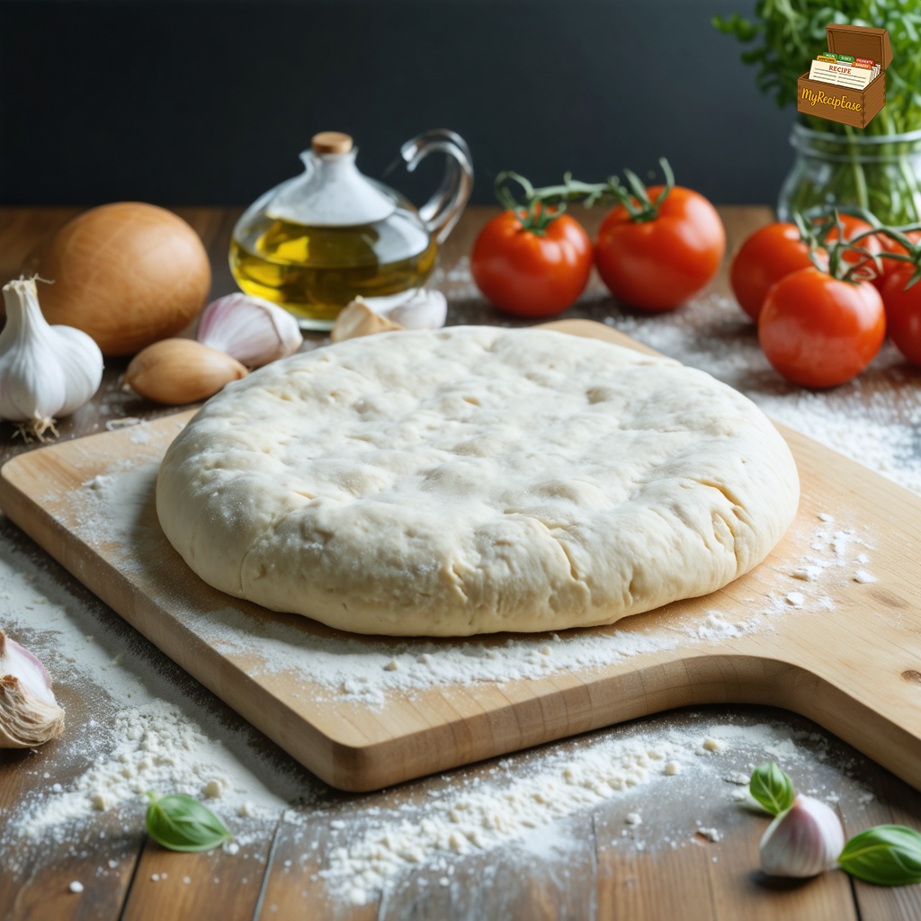 An image of Pizza Dough - The Best!, captured from the side about 6 feet away, showing the full plate and table, for a casual meal setting on a wooden cutting board. The dough appears soft and risen, resting on the board. Around it, the kitchen counter features scattered ingredients like all-purpose flour, olive oil, and instant yeast, hinting at the preparation process. The setting is homely, with a glimpse of a cozy kitchen environment.