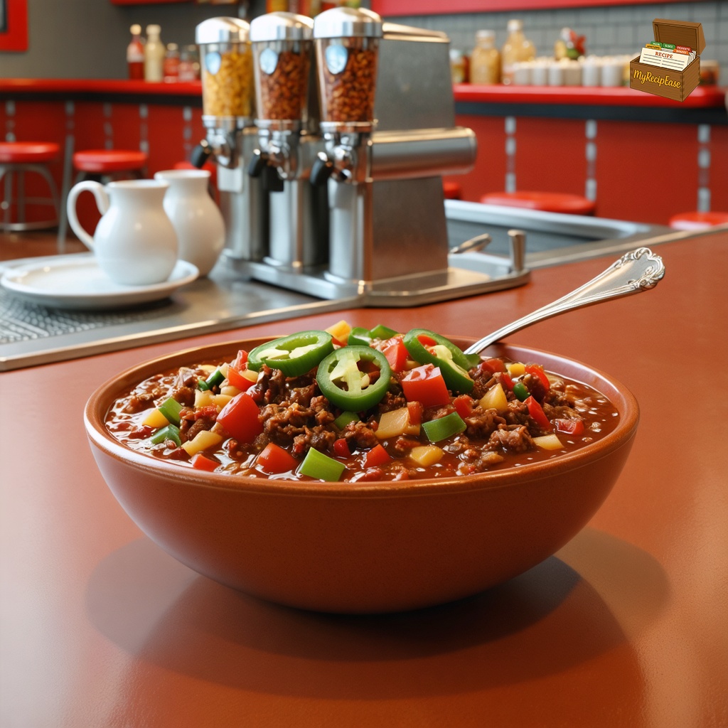 An image of Texas Chili, wide environmental view with the dish visible in the scene context, for a casual meal setting on the counter of a 1950's era diner. The chili is served in a rustic bowl, featuring visible chunks of ground beef, diced tomatoes, and slices of jalapeños. The setting includes period-appropriate condiment dispensers, reflecting the style of a mid-20th-century American diner. The dish is placed centrally on the diner counter, capturing the ambiance of the era.