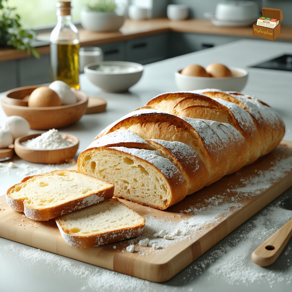 An image of French Bread, captured from a three-quarter angle several feet back, showing the full plate and table, nicely arranged for a family setting on a kitchen counter. The entire loaf of bread is displayed on a wooden cutting board with a large slice removed and placed next to it. Surrounding the bread are small piles of flour, a sprinkle of salt, and a bottle of olive oil, emphasizing the fresh ingredients used in the recipe.