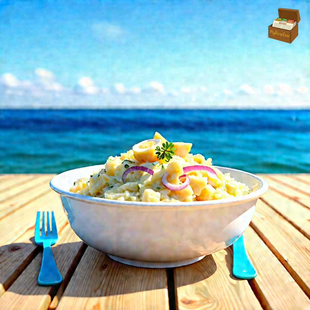 An image of Potato Salad, wide environmental view with the dish visible in the scene context, a heaping portion served with plastic silverware on a plastic bowl. Do not add any silverware! The bowl is placed on a wooden deck, and the ocean is visible in the distance. The salad prominently features chunks of potatoes, slices of hard-boiled eggs, and specks of red onion, all mixed in a creamy dressing. The setting captures the casual, outdoor essence with a clear, expansive background.