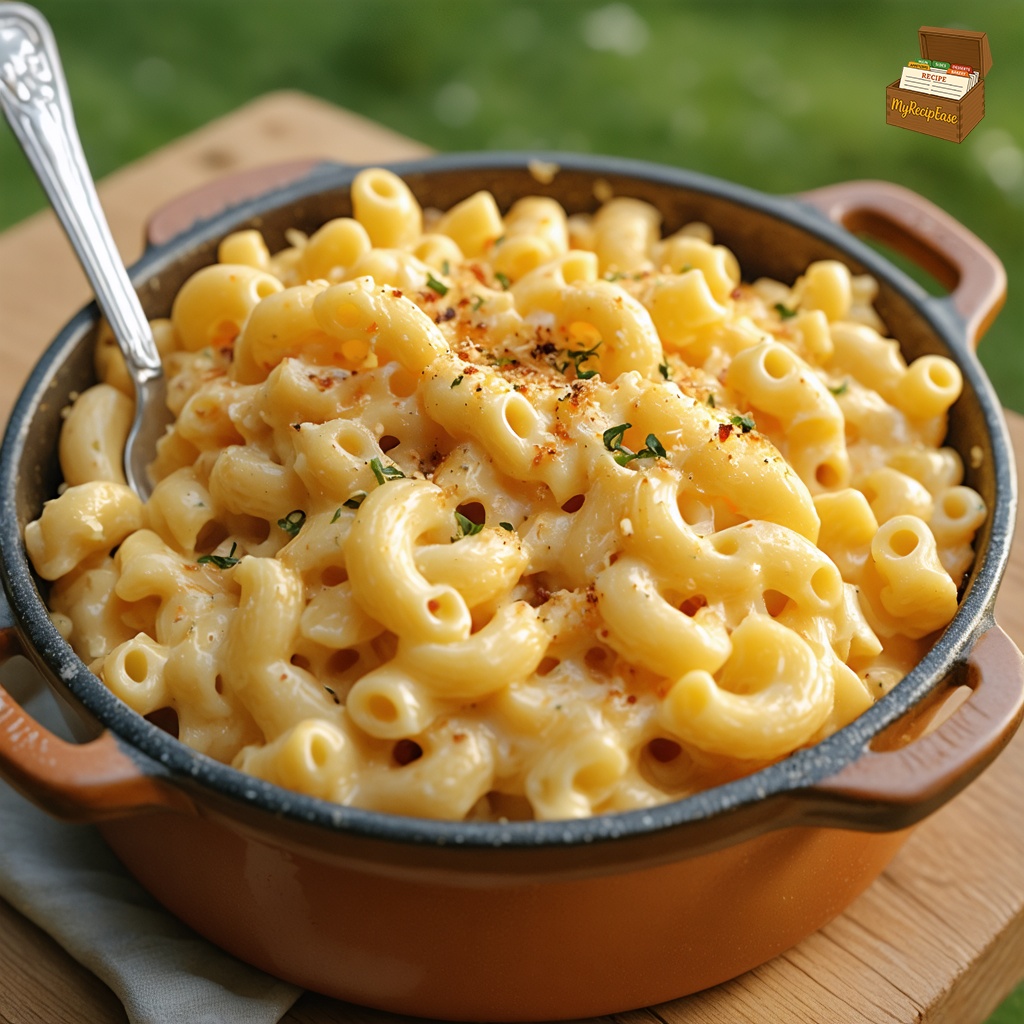 An image of Creamy Homemade Baked Mac and Cheese, captured from the side about 6 feet away, showing the full plate and table, nicely arranged for a family setting on a picnic table outdoors. The dish is served in a clay crock, filled with golden, bubbly macaroni mixed with melted cheddar and gruyere cheeses, topped with a sprinkle of paprika. The background features green grass and a clear blue sky. The entire contents of the dish are visible, emphasizing its creamy texture and rich color.