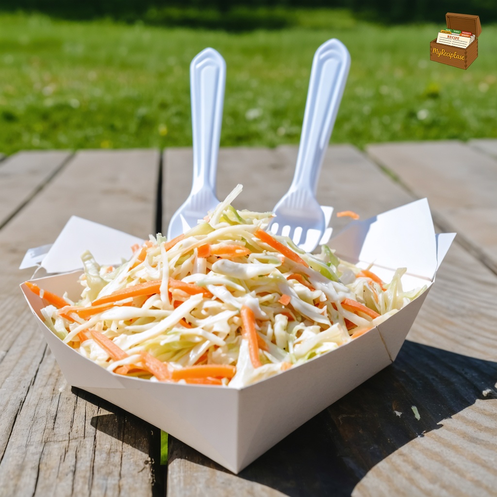 An image of Best Cole Slaw, captured from a three-quarter angle 10 feet away, including the dish and environmental elements. A heaping portion served with plastic silverware on a fast-food style paper box, prominently displaying a mix of shredded cabbage and carrots, lightly dressed in mayonnaise. The scene is set outdoors on a wooden picnic table, with green grass and a clear blue sky in the background, emphasizing a casual, sunny day setting.