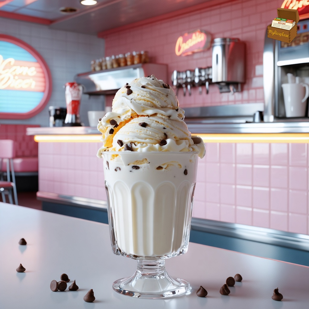 An image of Chocolate Chip Icecream, captured from a three-quarter angle 10 feet away, including the dish and environmental elements, for a casual meal setting on the counter of a 1950's era diner. The ice cream is served in a classic milkshake glass, filled with creamy vanilla ice cream speckled with dark chocolate chips. The setting features retro condiment dispensers and a checkered countertop, enhancing the nostalgic diner atmosphere.