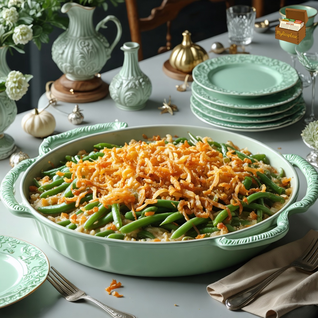 An image of Green Bean Casserole, wide environmental view with the dish visible in the scene context, served in a rustic setting on a family dining table in a cozy room with soft lighting. The casserole dish brims with creamy green beans topped with crispy French-fried onions, capturing the entire contents clearly. The setting emphasizes a homely, festive atmosphere, with the table adorned with simple, rustic decor, highlighting the warmth and familial essence of the meal.