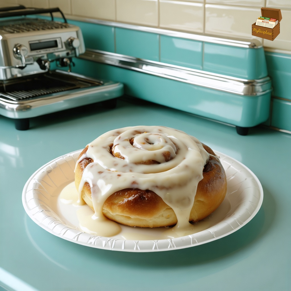 An image of Cinnamon Rolls, captured from a distance of at least 10 feet, showing the scene with the dish as focal point, for a casual meal setting on a paper plate. The plate sits on the counter of a 1950's era diner, complete with period-specific condiment dispensers. The cinnamon roll is visibly topped with a creamy frosting, likely a blend of cream cheese and powdered sugar, hinting at a soft, sweet texture. The surrounding diner environment adds a nostalgic touch to the presentation.