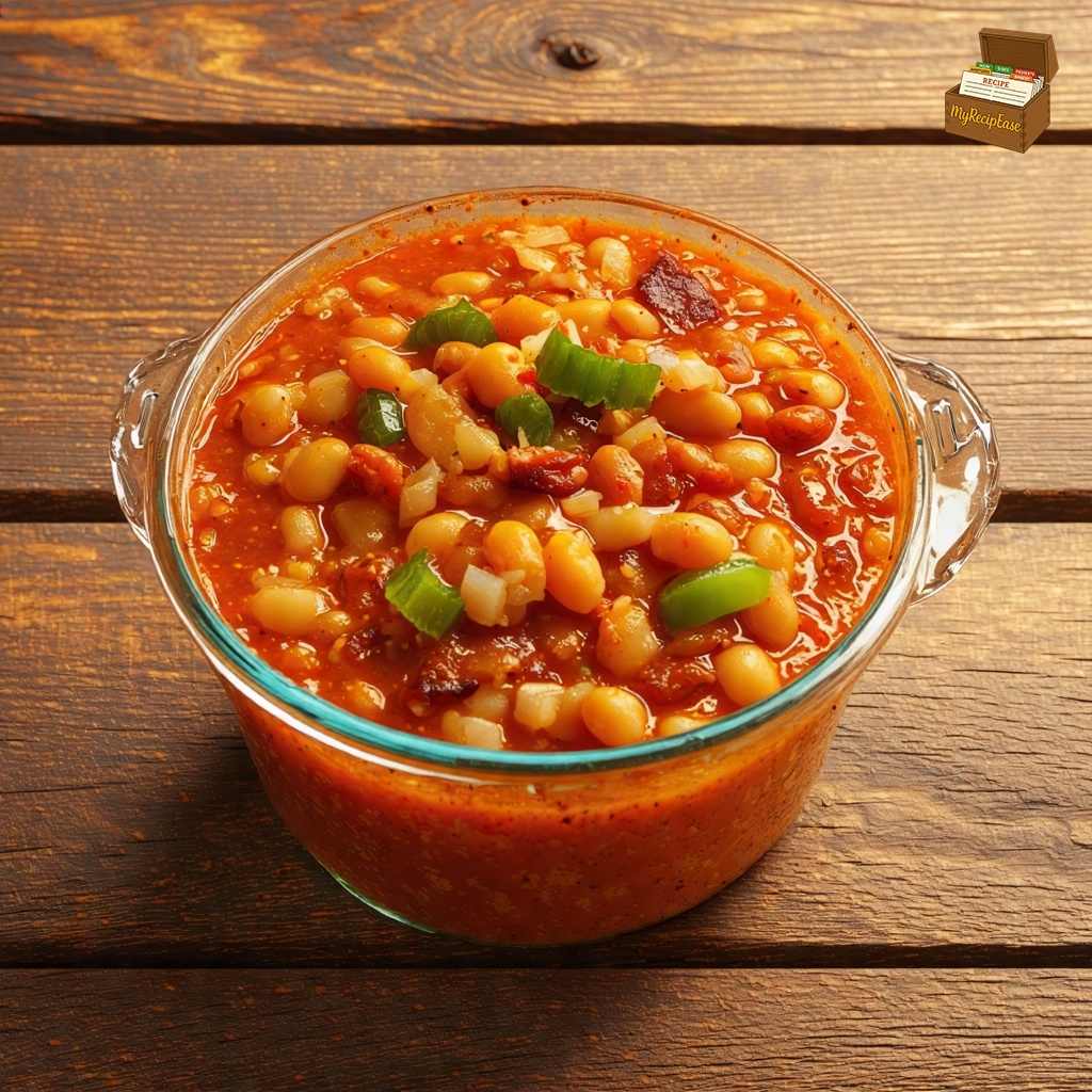 An image of Baked Beans, captured from a high angle 10 feet away, showing the entire table and surrounding environment, for a casual meal setting on a rustic wooden table in a warm kitchen. The dish is served in a jar, displaying the entire contents of barbeque flavored baked beans, visibly mixed with pieces of bacon, onion, and green bell pepper. The scene captures the homely essence of a casual, hearty meal.