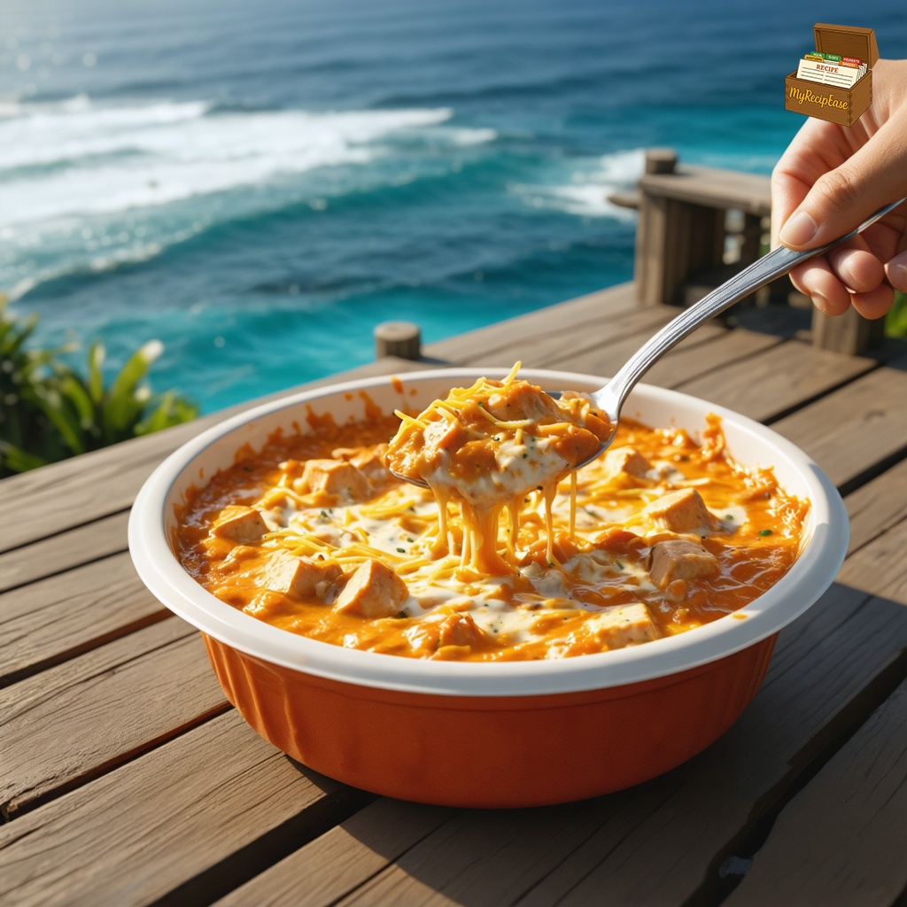 An image of Buffalo Chicken Dip, captured from directly overhead, centered on the dish, for a casual meal setting on a wooden deck with a view of the ocean in the distance. The dip, creamy and speckled with shredded cheddar cheese, fills a simple plastic bowl. A spoonful of the dip is prominently displayed, hinting at its creamy texture mixed with chunks of chicken breast. The background subtly features the ocean, enhancing the casual outdoor ambiance.