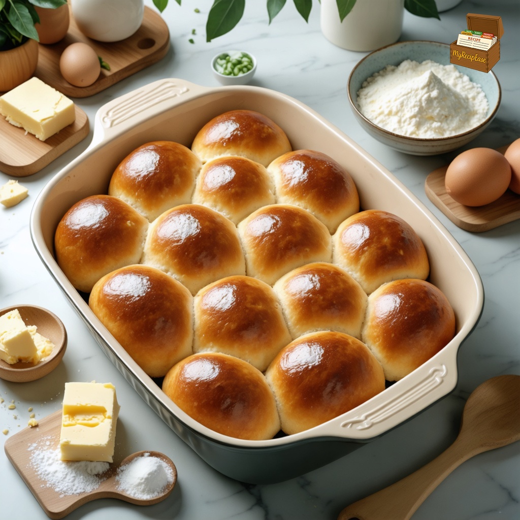 An image of Soft Dinner Rolls, captured from a high angle about 6 feet above, showing the table and dish, served in a rustic setting on a kitchen counter. The entire contents are displayed in a casserole dish, surrounded by fresh ingredients like butter, eggs, and all-purpose flour, enhancing the rustic charm of the scene. The high-angle view emphasizes the golden-brown surface of the rolls and the homely, inviting setup of the kitchen counter.