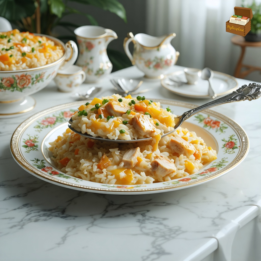 An image of Grandma's Chicken Rice Casserole, wide environmental view with the dish visible in the scene context, elegantly plated for fine dining on a decorative fine china plate. The plate holds a spoonful of the creamy, golden casserole, showcasing pieces of chicken breast amidst the rice. This plate is set on a family dining table in a cozy room illuminated by soft lighting, enhancing the homely and warm atmosphere of the meal setting.