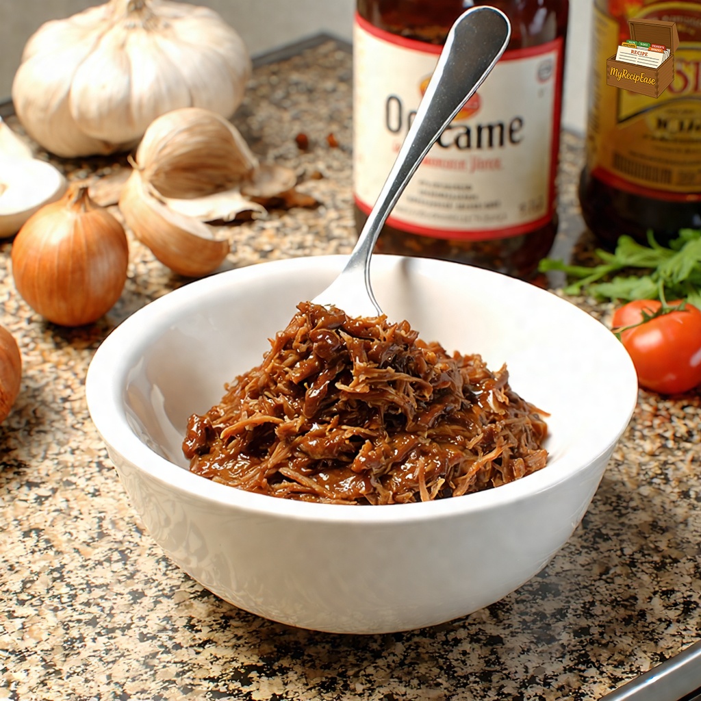 An image of BBQ Beef, captured from the side at plate level, focused on the dish, for a casual meal setting on a kitchen counter. The scene shows a spoonful of shredded BBQ beef in a small porcelain bowl. Surrounding the bowl are fresh ingredients like garlic, onions, and a bottle of Worcestershire sauce, subtly placed to enhance the casual yet vibrant cooking environment. The setting emphasizes a homey meal preparation area.