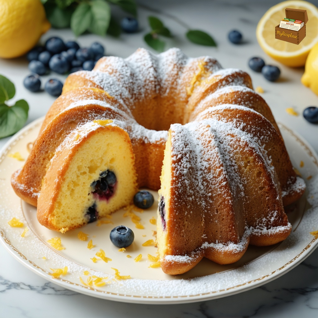 "An image of Lemon Blueberry Cake, close-up of the dish, tightly cropped to show detail, elegantly plated for fine dining on a delicate ceramic plate. The cake, baked in a bundt pan, features a golden crust with visible flecks of lemon zest and embedded blueberries. A dusting of confectioners' sugar tops the cake. This single portion is set on a family dining table in a cozy room, highlighted by soft, warm lighting that enhances the texture and color of the dessert."