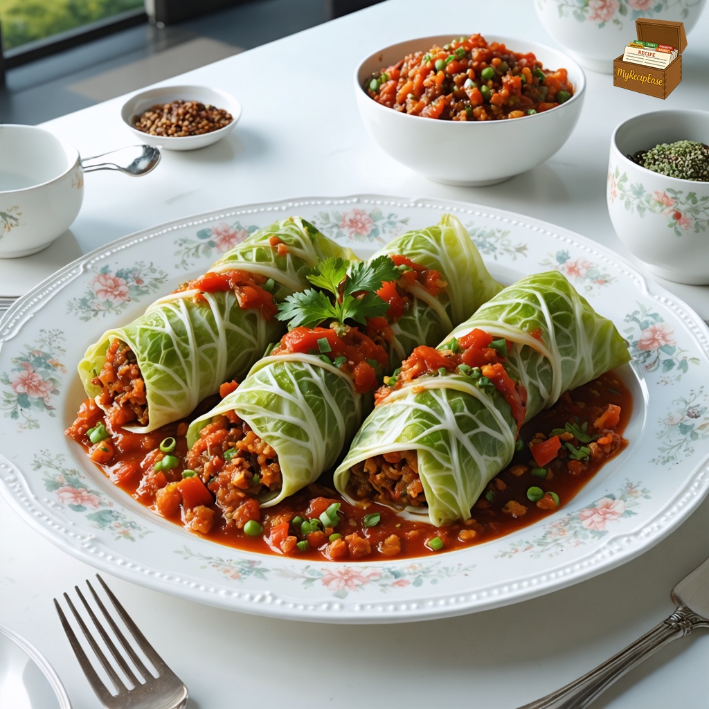 An image of Cabbage Rolls, captured from a three-quarter angle several feet back, showing the full plate and table, elegantly plated for fine dining on a decorative fine china plate. The cabbage rolls are filled with a mixture of ground beef, rice, and finely chopped parsley, topped with a rich tomato sauce sprinkled with paprika. This single portion rests on a white table in a brightly lit modern bistro, highlighting the contrast between the vibrant dish and the minimalist setting.