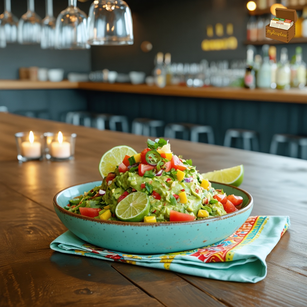 An image of Holy Guacamole, captured from the side about 6 feet away, showing the full plate and table, served with colorful garnish and decorative napkin on a polished wooden bar. The guacamole is presented in a small porcelain bowl, surrounded by slices of lime and sprinkled with diced tomatoes and jalapeños. The setting features ambient lighting and hanging wine glasses above the bar, enhancing the visual appeal of the dish.