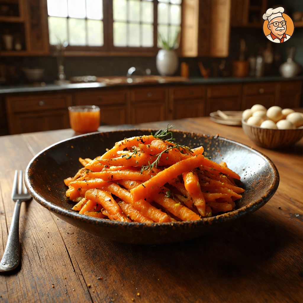 An image of Sautéed Carrots, captured from the side about 6 feet away, showing the full plate and table, served in a rustic setting on a rustic wooden table in a warm kitchen. The dish is displayed in an entire rustic bowl filled with glistening carrots, lightly speckled with pepper and small dots of melted butter, hinting at a gentle sweetness possibly from honey or brown sugar. The warm ambient lighting highlights the vibrant orange of the carrots and the rustic charm of the setting.