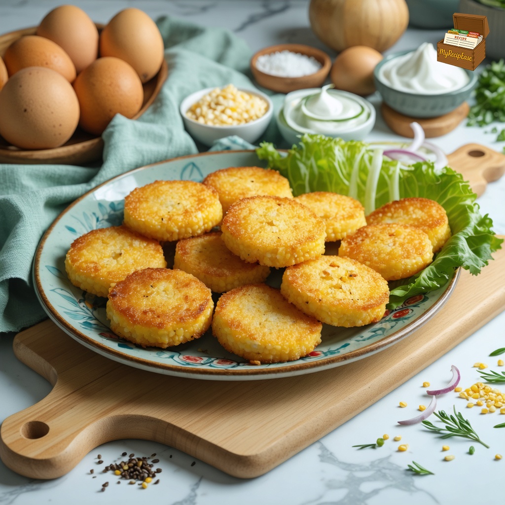 An image of Corn Quikies, captured from the side about 6 feet away, showing the full plate and table, served with colorful garnish and decorative napkin on a wooden cutting board. The golden, crispy corn bread patties are arranged neatly beside slices of fresh onion and a sprinkle of salt and pepper. The setting includes a kitchen counter background, where ingredients like eggs and corn kernels are subtly visible, enhancing the homely, freshly-prepared look of the dish.