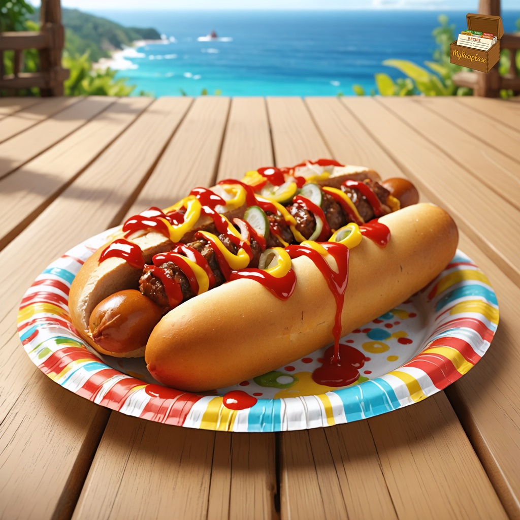 An image of Frankfurter BarBQ, wide environmental view with the dish visible in the scene context, carefully plated on a playfully colored child's sized paper plate. The plate holds BBQ beef hot dogs topped with Barbeque sauce onions, ketchup, and mustard. This single portion is set on a wooden deck, with the ocean visible in the distance, emphasizing a casual outdoor dining experience.