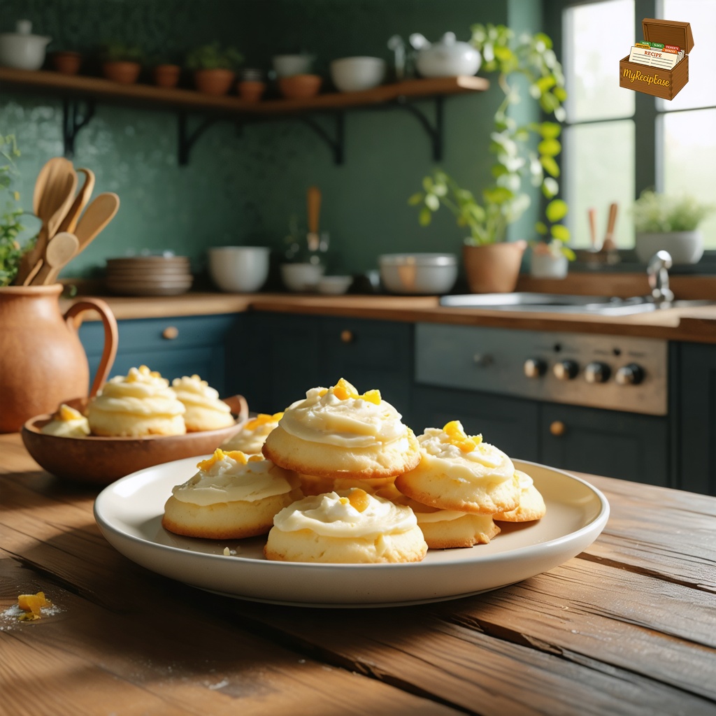 An image of Ricotta Cookies, captured from a distance of at least 10 feet, showing the scene with the dish as focal point, elegantly plated for fine dining on a rustic wooden table in a warm kitchen. The entire contents of the cookies are displayed in a clay crock, emphasizing the simplicity and elegance of the arrangement in the cozy, well-lit culinary setting.