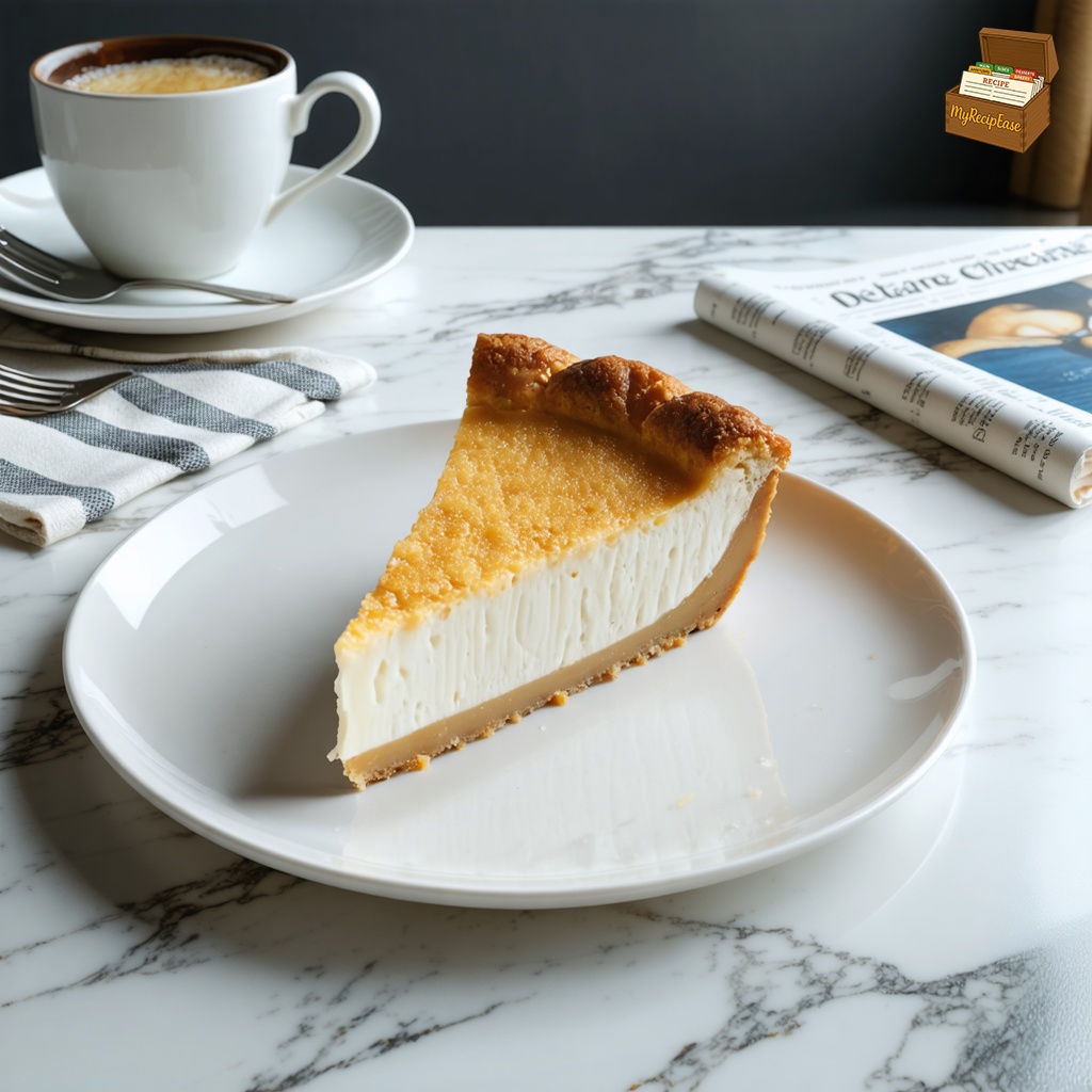 An image of crustless Italian (Ricotta) Cheesecake, captured from the side 10 feet away with a wide-angle lens, including background elements, elegantly plated for fine dining on a small salad plate. The cheesecake is displayed as a single portion, showcasing its creamy texture and golden-brown top. The setting features the dish on a small cafe table, accompanied by a newspaper and a coffee mug nearby, emphasizing a casual yet refined dining experience.