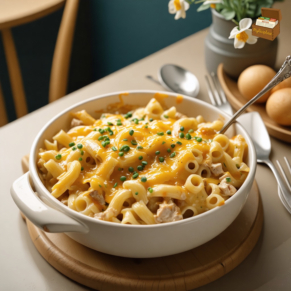 An image of Macaroni Club Casserole, captured from a three-quarter angle, slightly above the dish, nicely arranged for a family setting on a family dining table in a cozy room with soft lighting. The dish features a single portion of chicken and pasta casserole, topped with melted cheddar cheese, served in a rustic bowl. The table setting includes simple dinnerware and a warm ambiance, emphasizing a homely and comfortable mealtime environment.