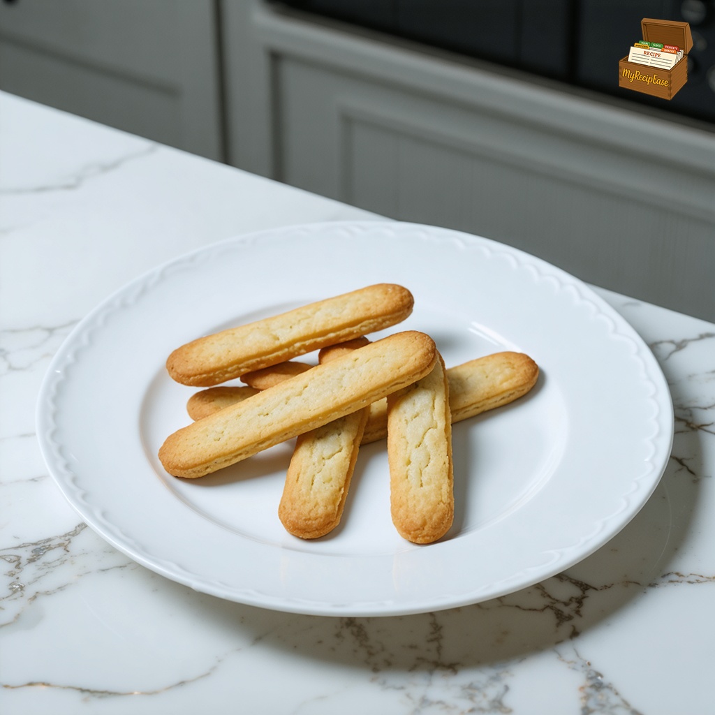 An image of Lady Fingers, captured from a high angle 10 feet away, showing the entire table and surrounding environment, served in a minimalist motif on a monochromatic plate. The cookies are displayed across a sleek marble countertop in a modern kitchen, emphasizing the contrast between the simplicity of the dish and the sophistication of the setting. The entire contents of the plate are visible, showcasing the arrangement of the cookies in a clean, orderly fashion.
