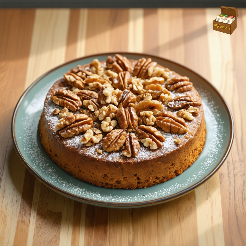 An image of Nut Cake, captured from directly overhead, centered on the dish, nicely arranged for a family setting on a small salad plate. The cake is topped with a generous sprinkle of crushed walnuts, adding texture. It's placed on a rustic wooden table in a warm kitchen, highlighting the homely and inviting ambiance. The plate and the wooden surface complement the simple yet appealing appearance of the nutty dessert.