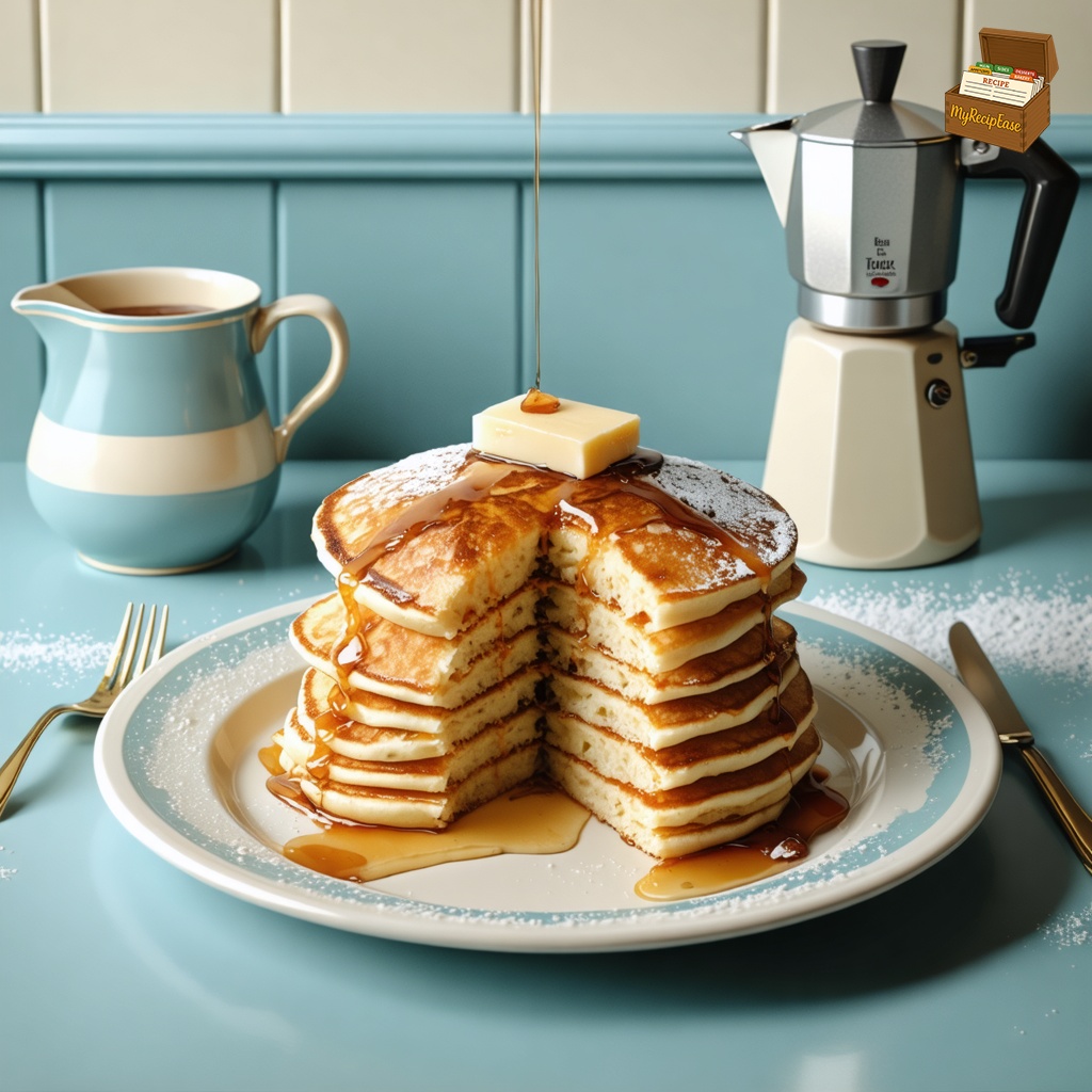 An image of Classic Pancakes, captured from a three-quarter angle, slightly above the dish, for a casual meal setting on the countertop of a 1950's era diner. The stack of fluffy pancakes is shown with a large slice removed, revealing the soft, airy texture inside. The setting includes vintage condiment dispensers, such as a maple syrup pitcher and a butter dish, placed on the retro-patterned countertop, enhancing the nostalgic diner ambiance.