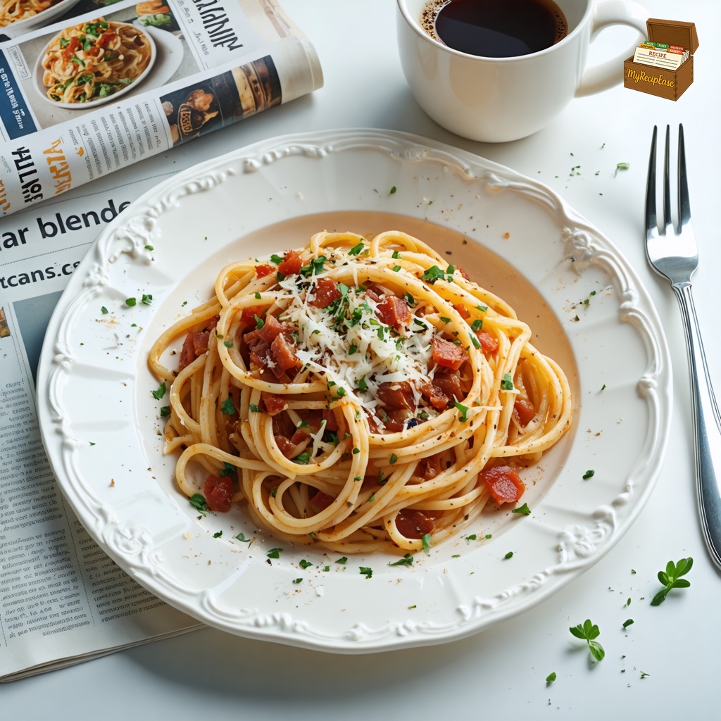 An image of Spaghetti Carbonara, captured from a three-quarter angle 10 feet away, including the dish and environmental elements, served with colorful garnish and decorative napkin on a porcelain plate. The plate rests on a small cafe table, accompanied by a folded newspaper and a coffee mug. The spaghetti is topped with bits of guanciale, grated Pecorino Romano, and a sprinkle of black pepper, highlighting the creamy texture of the egg-enriched sauce.