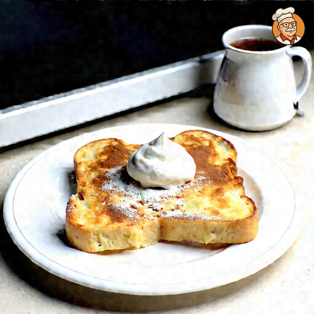 "An image of Fluffy French Toast, captured from a three-quarter angle several feet back, showing the full plate and table, for a casual meal setting on a small salad plate. The toast is dusted with cinnamon and served with a dollop of vanilla-flavored cream. The setting features the counter of a 1950's era diner, complete with period-appropriate condiment dispensers like a sugar shaker and a milk jug. The background shows the typical diner decor with a retro vibe."