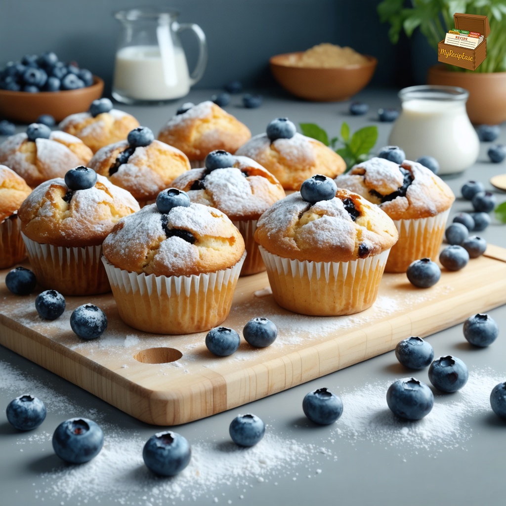 An image of Blueberry Muffins, wide environmental view with the dish visible in the scene context, for a casual meal setting on a kitchen counter. The entire contents of freshly baked muffins are displayed on a cutting board. Surrounding the muffins are scattered blueberries and small piles of flour and sugar, hinting at the baking process. The setting captures a homely kitchen atmosphere with these ingredients casually placed around the muffins.