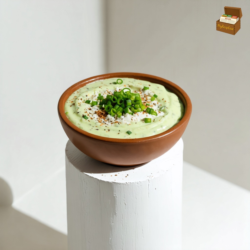 An image of Mrs. T's Dip, captured from a three-quarter angle, slightly above the dish, for a casual meal setting on a white pillar surrounded by white walls and floors as in a studio. The entire contents are presented in a rustic bowl, showcasing a creamy light green texture sprinkled with chives, salt, and pepper on top. The scene emphasizes a clean, bright environment, focusing on the dip itself without any additional elements or distractions.