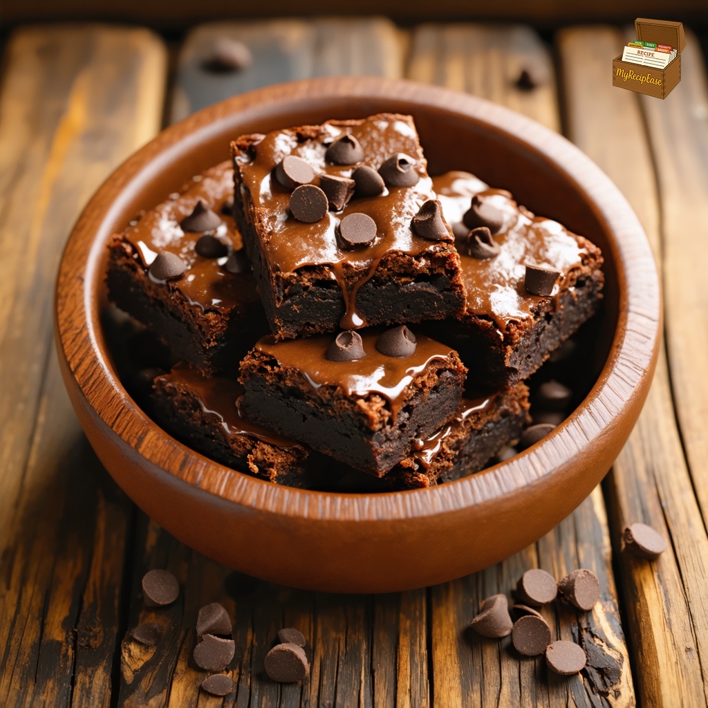 An image of Fudgy Brownies, captured from directly overhead, centered on the dish, elegantly plated for fine dining on a rustic bowl. The brownies are displayed with a glossy chocolate chip topping, set on a rustic wooden table in a warm kitchen. The entire contents of the bowl are visible, showcasing the dense, moist texture of the brownies contrasting with the rough, natural wood surface. The setting emphasizes a simple yet sophisticated presentation.