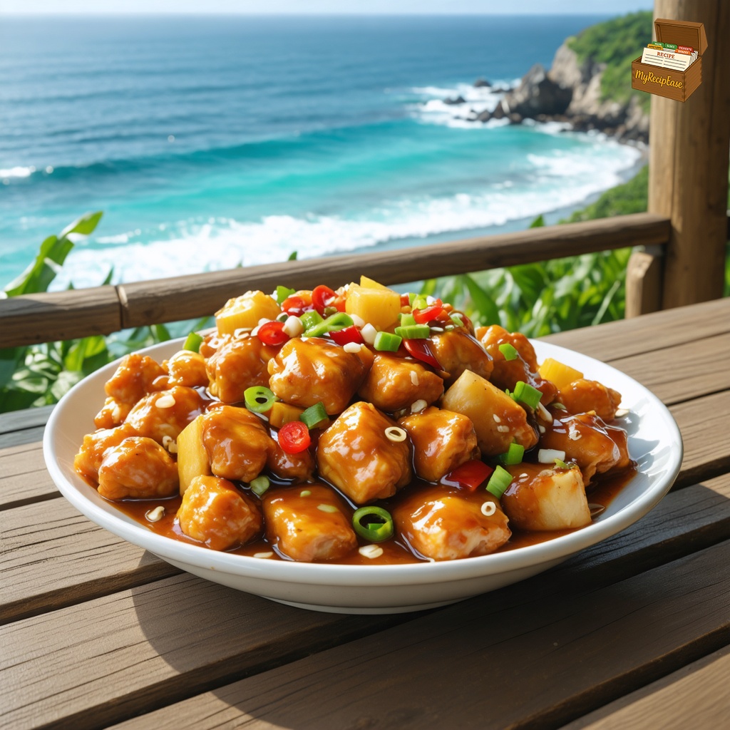 An image of Sweet & Sour Chicken, captured from the side about 6 feet away, showing the full plate and table, for a casual meal setting on a wooden deck with a view of the ocean in the distance. The dish is served in a Chinese take-out food container, featuring chunks of chicken breast, pineapple, and carrots, all glazed in a vibrant, glossy sweet and sour sauce. The setting is simple and natural, emphasizing the casual outdoor dining experience.