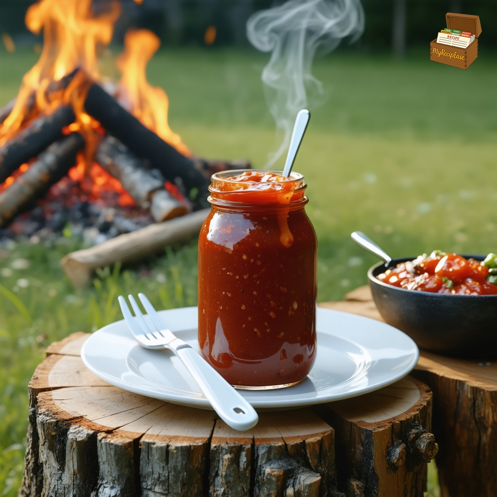 An image of Spicy Sweet BarBQue Sauce, captured from the side about 6 feet away, showing the full plate and table. A heaping portion of the glossy, deep red sauce is presented in a clear jar with a twist-off lid, accompanied by plastic silverware on a rustic wooden stump. The setting is a campground, with a gently crackling campfire nearby and light smoke drifting through the air, enhancing the outdoor ambiance.