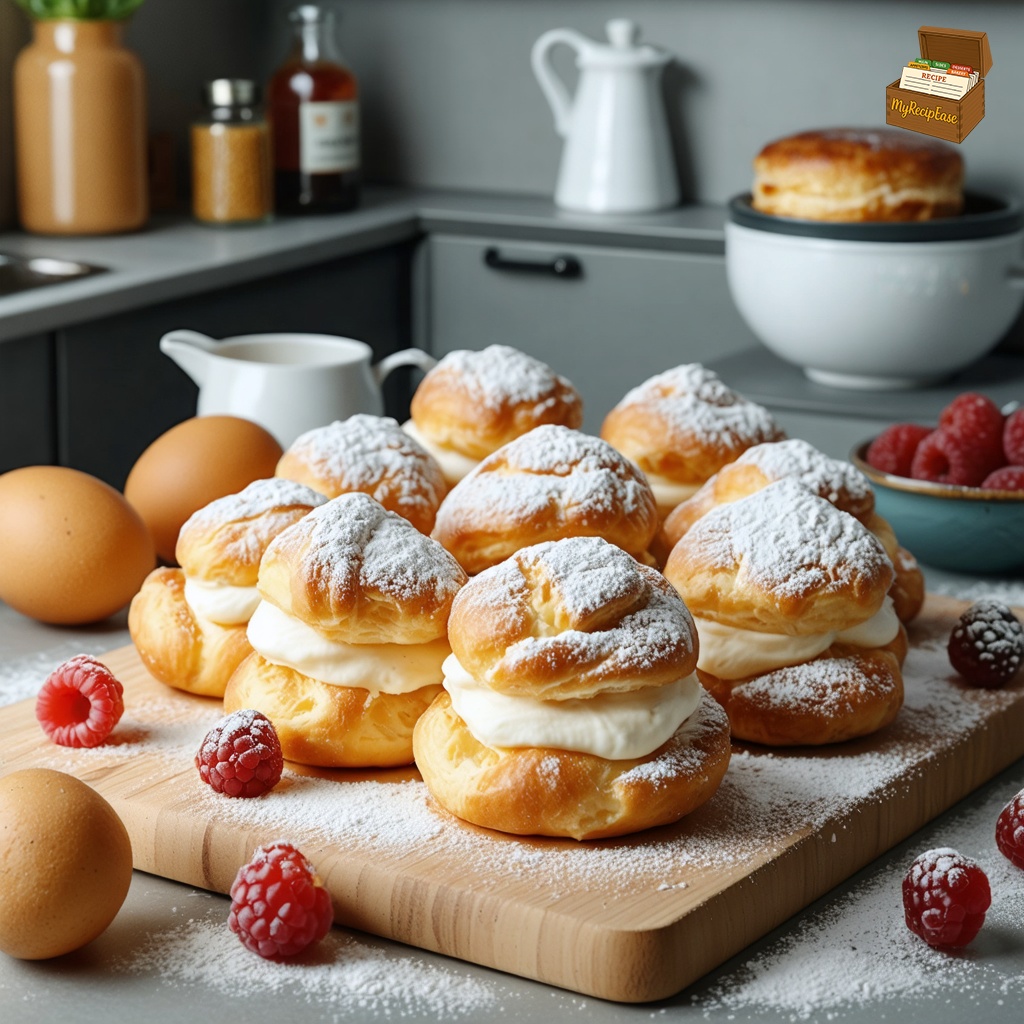 An image of Cream Puffs, wide environmental view with the dish visible in the scene context, nicely arranged for a family setting on a cutting board on a kitchen counter. The single portion of cream puffs is dusted with powdered sugar. Surrounding the cream puffs are fresh ingredients like eggs, vanilla extract, and raspberries, enhancing the visual appeal and indicating the dessert's composition. The setting is natural, with a homely kitchen vibe.