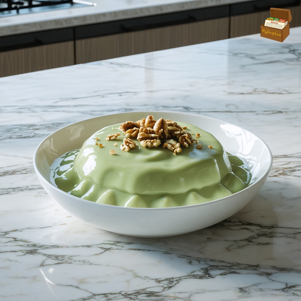 An image of Mom's Green Stuff, captured from a three-quarter angle 10 feet away, including the dish and environmental elements, for a casual meal setting on a marble counter in a sleek modern kitchen. The entire contents of the dessert, a pale green pudding, are presented in a simple white porcelain bowl. The scene captures the natural light reflecting off the polished marble surface, enhancing the fresh, inviting look of the pudding topped with a sprinkle of crushed pecans.