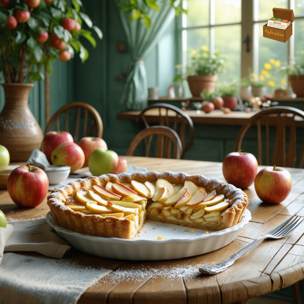 "An image of a French Apple Tart, captured from a three-quarter angle 10 feet away, including the dish and environmental elements, served in a rustic setting on a family dining table in a cozy room with soft lighting. The tart is displayed in a pie plate, showing the whole product with a large slice removed and that slice also displayed. The scene captures the essence of a homey dessert experience, emphasizing the simplicity and elegance of the tart."