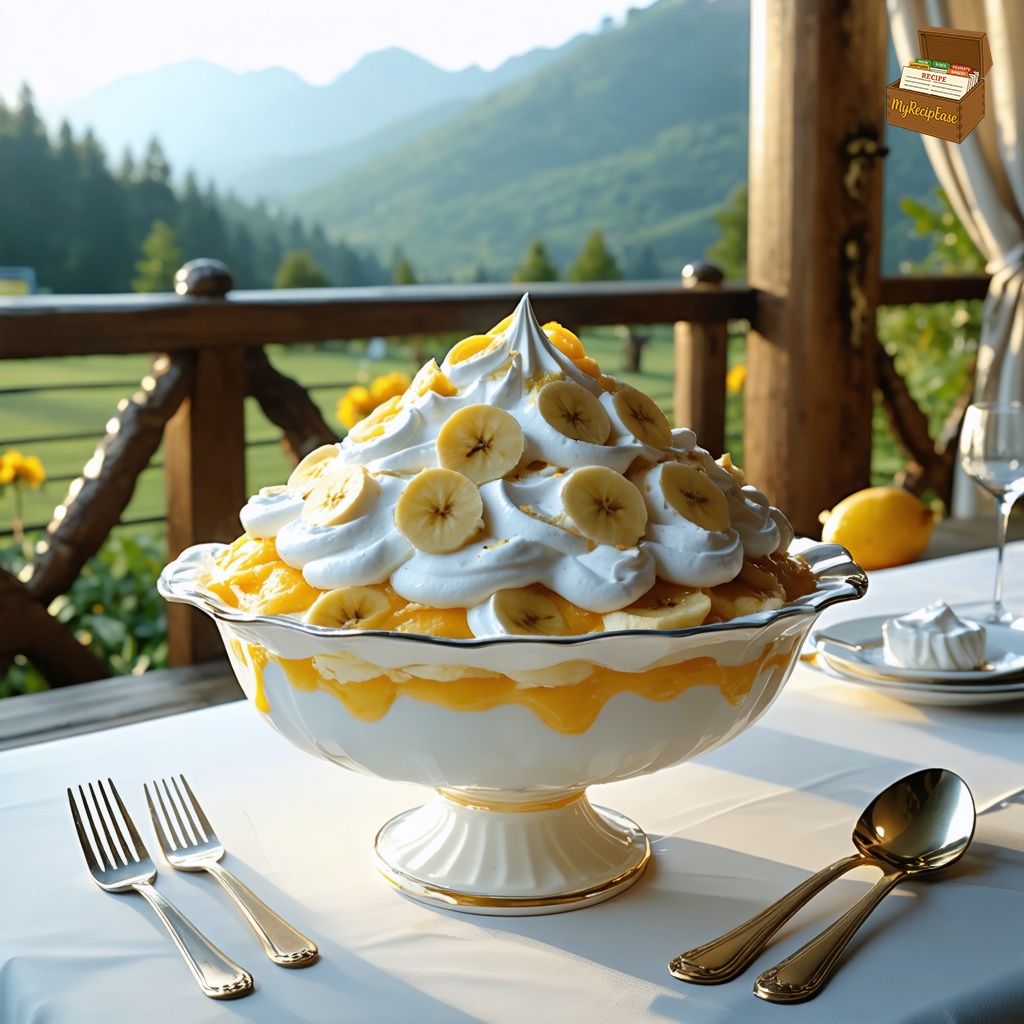 An image of Southern Banana Pudding, captured from a distance of at least 10 feet, showing the scene with the dish as the focal point. A heaping portion is served in a porcelain bowl with plastic silverware on a table. The backdrop features a mountain view through a nearby window, emphasizing the natural scenery outside while highlighting the dessert's creamy layers of vanilla pudding, sliced bananas, and vanilla wafers, topped with a fluffy meringue.
