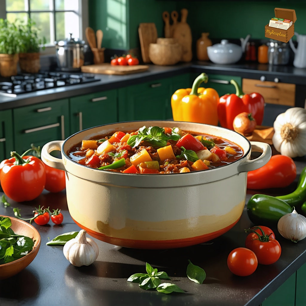 An image of Hungarian Goulash, wide environmental view with the dish visible in the scene context, elegantly plated for fine dining on a kitchen counter. The entire contents of the goulash are displayed in a traditional clay crock, surrounded by fresh bell peppers, tomatoes, and onions. The setting showcases a rustic kitchen ambiance, emphasizing the rich, hearty nature of the dish with a focus on the vibrant colors and textures of the fresh ingredients.