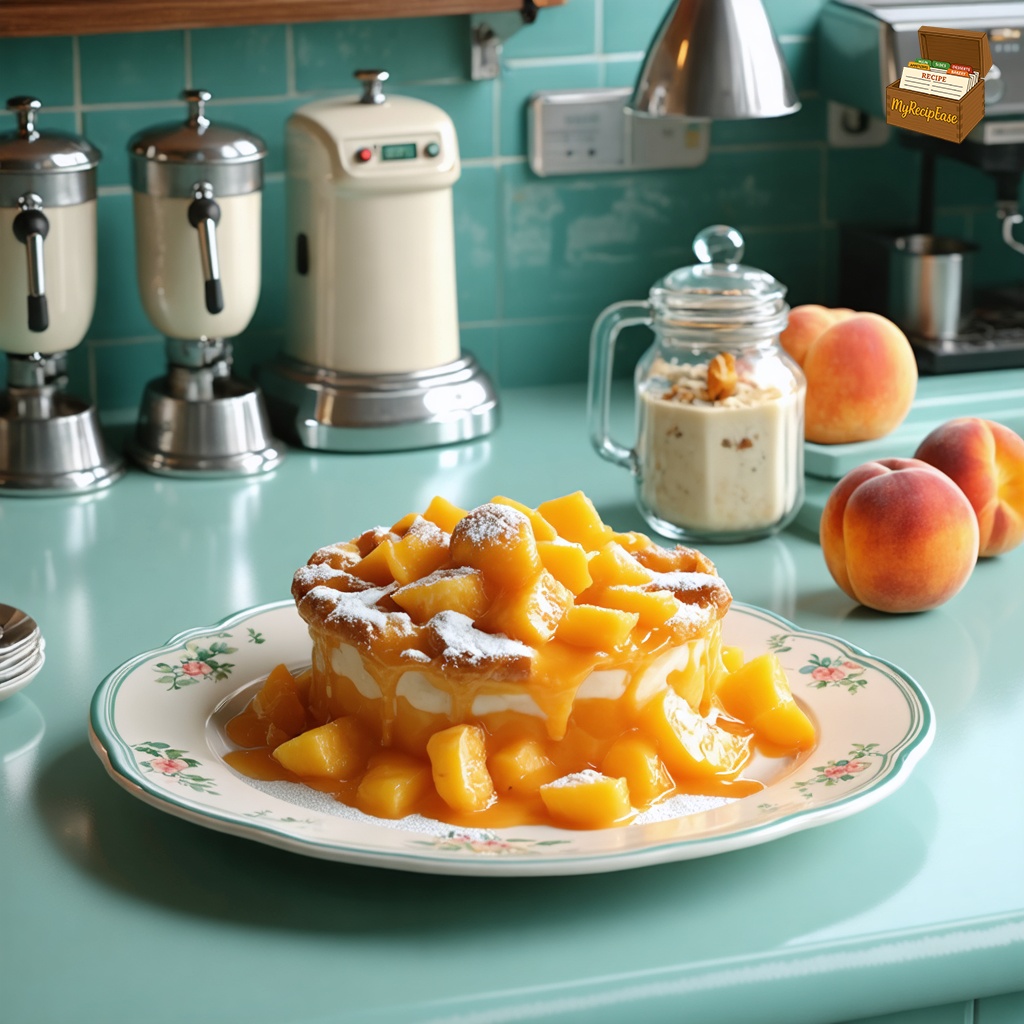 An image of Peach Cobbler, Old School, captured from a three-quarter angle 10 feet away, including the dish and environmental elements, for a casual meal setting on a porcelain plate. The plate is placed on the counter of a 1950's era diner, surrounded by period-specific condiment dispensers. The scene captures the nostalgic essence of the diner, emphasizing the simplicity and appeal of the freshly baked single portion of peach cobbler.