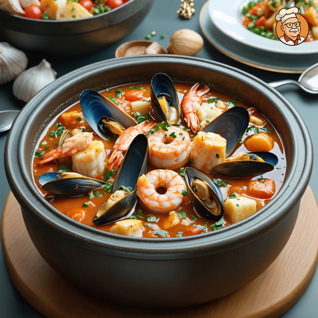 An image of Bouillabaisse, captured from a three-quarter angle, slightly above the dish, elegantly plated for fine dining on a clay crock. The stew is filled with a mix of seafood including shrimp, mussels, and cod, visible at the top. The dish is placed on a family dining table in a cozy room with soft lighting, emphasizing the warm, inviting ambiance of a home meal.